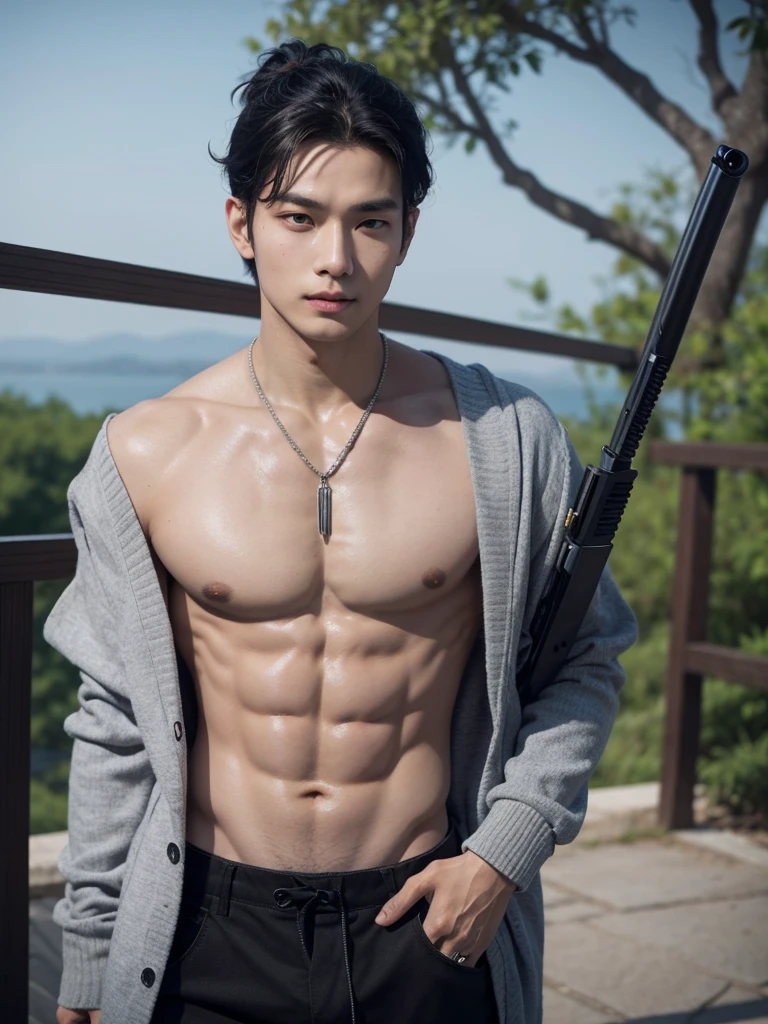 1 person, 1 man, Asia, Asia man, ((High quality)), ((Masterpiece)), ((Highly detailed)), perfect face, detailed face, realistic, ((man)), black hair, Comma hairstyle, ((shirtless)), outdoor, ((handsome)), Detailed eyes, Beautiful, detailed nose, realistic body, realistic light, comfortable expression, manน่ารัก, คนที่Sweating, manที่เท่ห์, ((Healthy body) ), ((hot)), Wear black trousers., Sweating, full of blood, armed, holding a samurai, Hold the gun., necklace