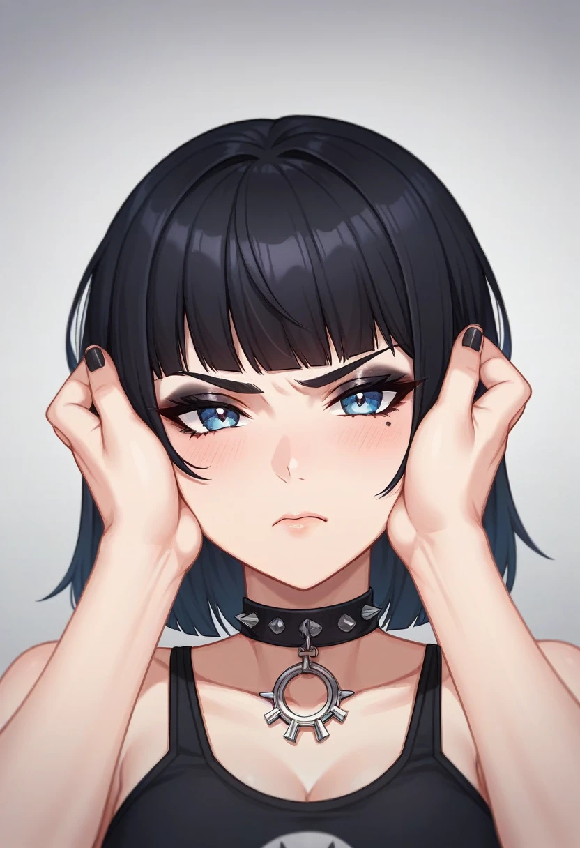 Adult, Female, black hair, annoyed, digruntled, goth girl, gothic, goth, Masterpiece, Accurate, Anatomically Correct, Best Quality, High Details, Detail, Super Detailed, Best detail, Perfect detail, Amazing detail, [-3, 3], perfect hands, best hands, best fingers, perfect fingers, perfect body, best body, amazing body, Looking at viewer, front facing, upper body shot, Close-Up, 
