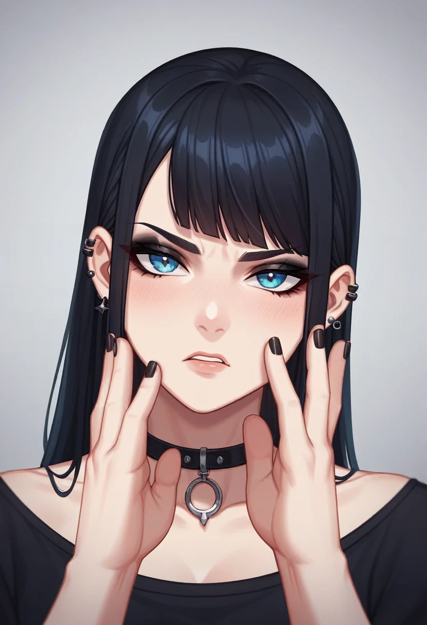 pov, goth girl, handjob, foreskin, goth make up, black lipstick, black shirt, striped sleeves, nail polish, bangs