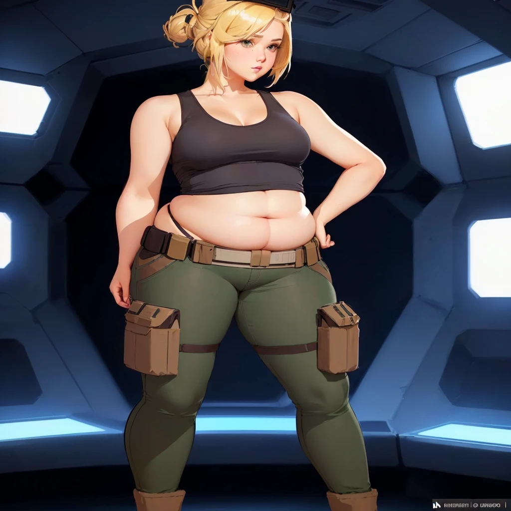 masterpiece, best quality, (extremely detailed CG unity 8k wallpaper), (best quality), (best illustration), (best shadow), absurdres, realistic lighting, (Abyss), beautiful detailed glow, 1woman, shoulder length blonde hair, rebel smuggler outfit, cargo pants, tank top, star wars, outlaw, pretty, small breasts, not naked, top covered. chubby waist. fully clothed. not curvy, chubby belly. slim hips, small breasts, soft midriff, skinny body, pudgy belly. slender body. skinny hips, skinny legs. fat belly. thin hips, only fat on her belly. soft fat belly. big chubby, belly. very small breasts. adult, high quality, beautiful, inside a metal space ship.