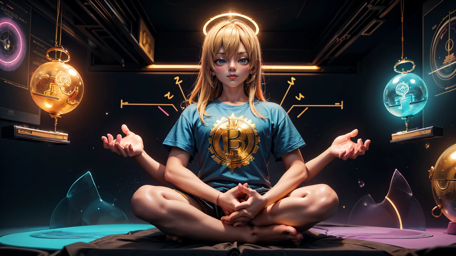 Create an illustration of the Buddha meditating in lotus position with his hands spread out, wearing blue t-shirt that says ".Compute high, sell low pro" , surrounded by colorful charts and graphs showing bitcoin's trends, floating above him is golden halo, coins flying around in background, The scene should have psychedelic colors and dreamlike elements, giving it a surrealistic fee