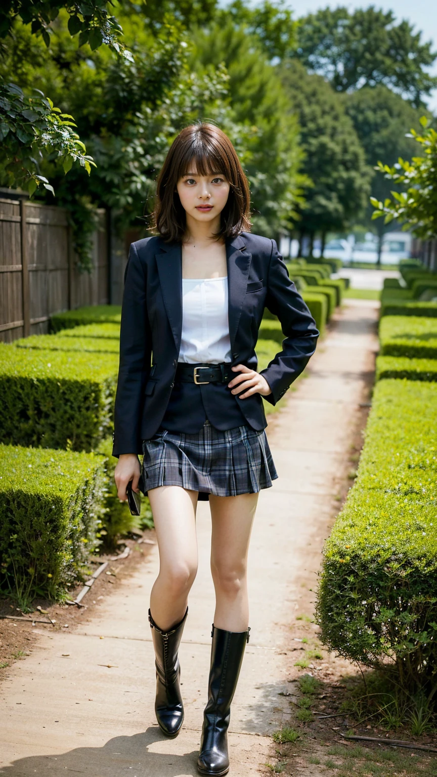 (8k、RAW Photos、Highest quality、masterpiece:1.2)、(Realistic、Realistic)、1 Girl、((suit、Black Mini Skirt、Medium Hair、boots、garden、View from the front、Looking at the camera、belt、Hands on your hips))、cute