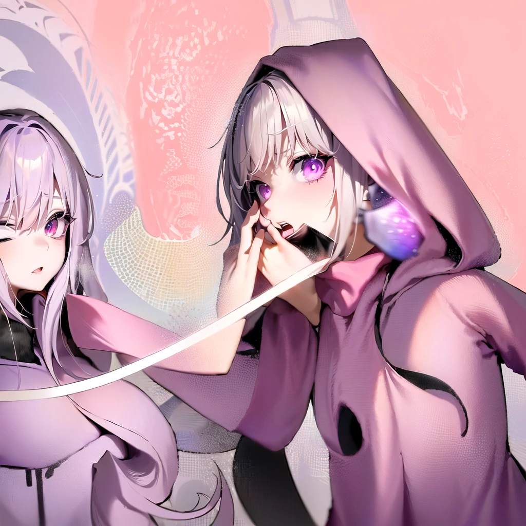 anime characters with purple hair and black hoodies, next to each other, gamoe yandere grimdark, 2d anime style, anime in fantasy style, official fanart, puce and vermilion, Fan art of jogo 2D, A little red and purple, 2d art, 2d art, not anime style, gamoe yandere, 2 d anime, zerochan art