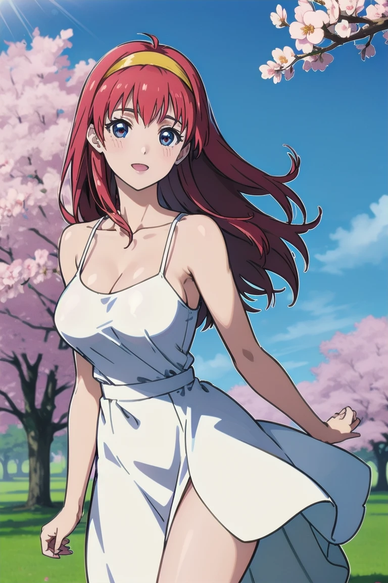 (Very beautiful face and eyes:1.2),(Laugh together),((Big Breasts))、The wind is blowing、White Dress、
Beautiful feet、,Redhead、Yellow headband、cherry blossoms、
(Highest quality,masterpiece:1.2),1 girl,Looking at the audience,
Natural light,Hair blowing in the wind,Beautifully detailed skies,