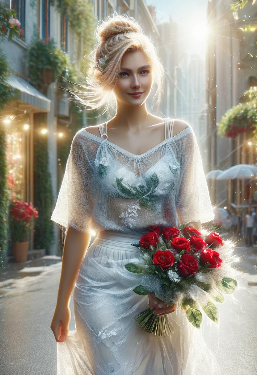Detailed portrait of a beautiful woman walking down the street holding a bouquet of red roses, happy expression, Her blonde hair is tied up in a messy bun, (casual wear: 1.1), white t shirt, Long skirt in flowing summer material, Flowers on the background, store, outdoor, sunny day, (best quality, 4K,8k, high resolution, masterpiece:1.2), very detailed,(realistic, photorealistic, photorealistic:1.37),HDR,uhd, studio lighting, Ultra Fine Painting, sharp focus, Physically Based Rendering, high detail, professional, vivid colors, bokeh, portrait