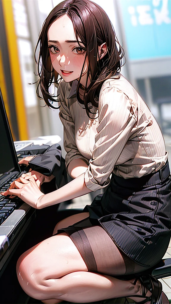 White boat in the background,Photo shoot in a conference room,,Highest quality,High resolution,Anatomically correct,Sweat,Black suit,pantyhose,shirt,Spread your legs,Spread your legs,Glowing Skin,Forehead,Messy Hair,Long Bob,Fall to the floor,Panting