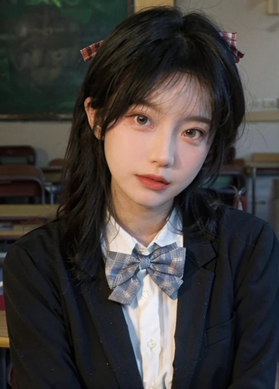 Best quality，masterpiece，Ultra-high resolution，（Realistically：1.4），1 Girl，Sexy bulge，A pair of beautiful eyes staring at the audience，Sunshine Classroom，（Suit and bow tie in random colors：1.2），（Maximum chest：1.4），（Upper part of the body：1.4）