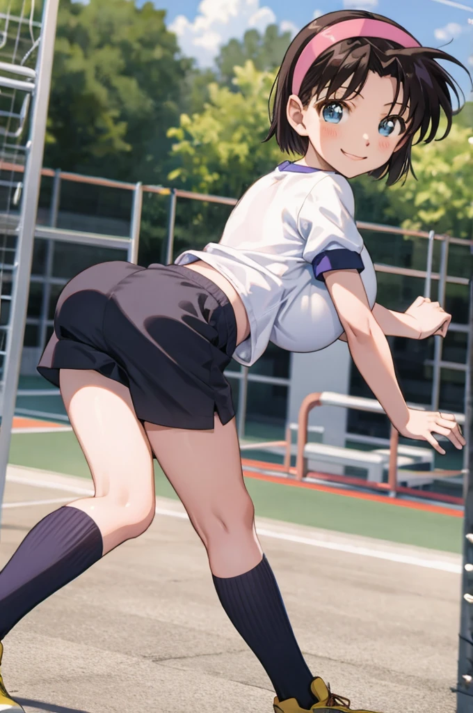 ayumiyoshida, , blue eyes, short hair, brown hair, bangs, hairband, school gym shirts,school gym shorts, smile, ,socks,,outdoor,big breasts,