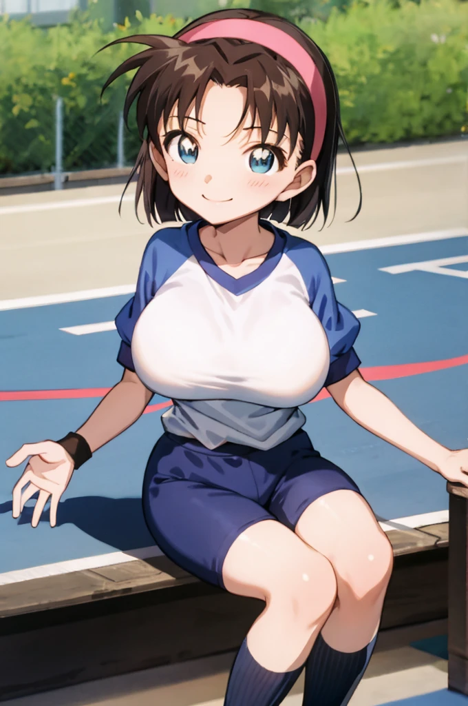 ayumiyoshida, , blue eyes, short hair, brown hair, bangs, hairband, school gym shirts,school gym shorts, smile, ,socks,,outdoor,medium breasts