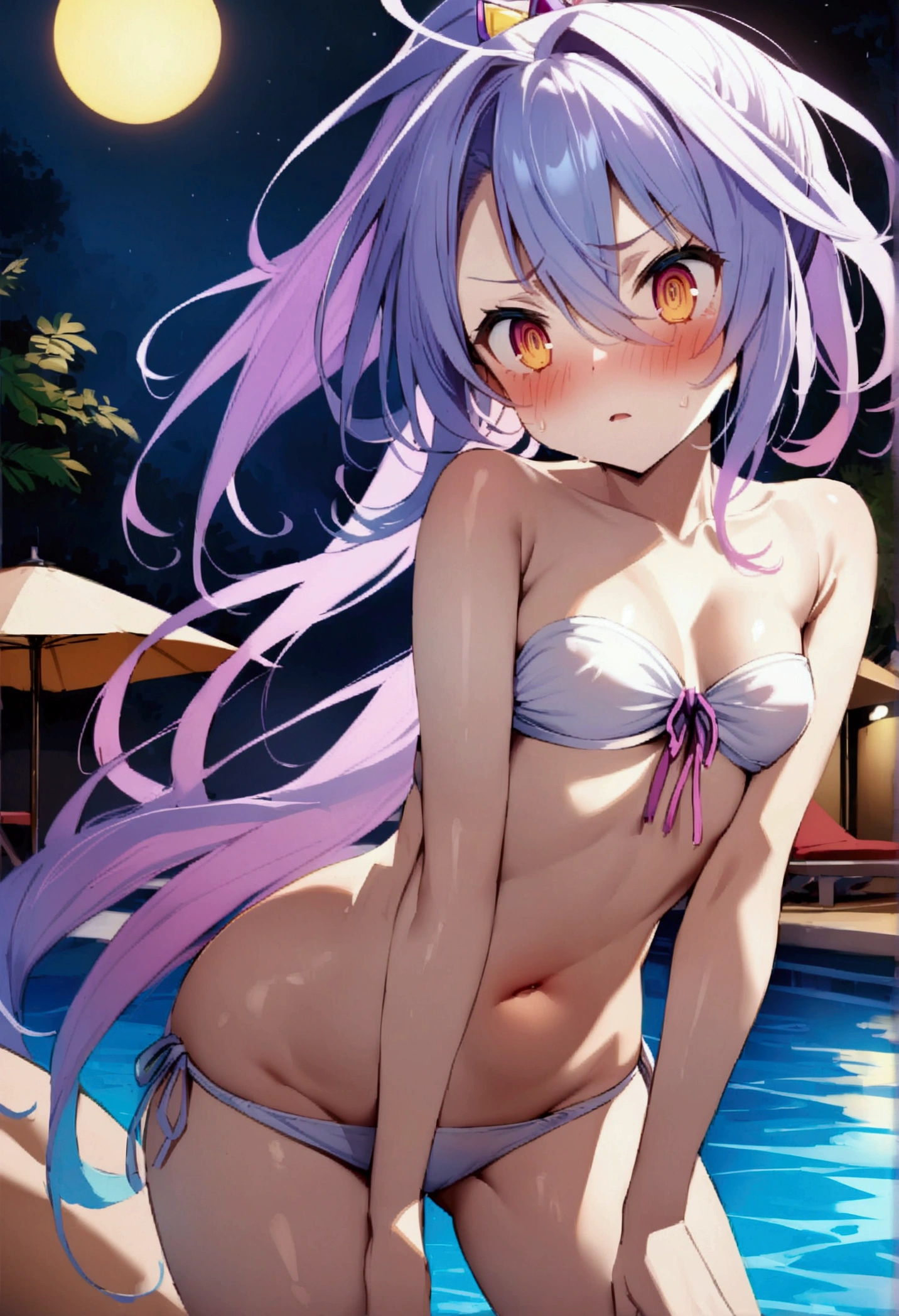 NSFW,masterpiece,Highest quality,High resolution,Very detailed,white\(no game No life\),Small breasts,ponytail,Strapless bandeau bikini top,Cleavage,Tie side bikini bottom,Groin,Pool at night,Beach parasol,A stunned face,blush,Sexy pose,Being hit on by a man
