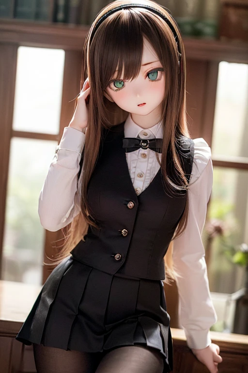 (SFW:2), photorealistic, realistic photo, 8k, ((highest quality)), ((masterpiece)), (extremely detailed), kukolnydom, doll, (mature woman, 21yo, 21 years old, solo:1.6), ((cowboy shot, sitting on desk, head tilt, waving, slim, slender, skinny, medium breasts, hairband, ascot, vest, blouse, long puff sleeves, pleated skirt, black pantyhose)), (green eyes, brown hair, long hair, plastic skin, looking at another, glass eyes, gradient eyes, shining eyes, detailed eyes:1.3)