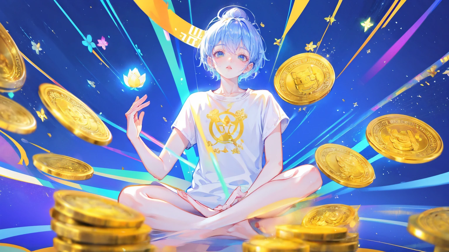 Create an illustration of the Buddha meditating in lotus position with his hands spread out, wearing blue t-shirt that says ".Compute high, sell low pro" , surrounded by colorful charts and graphs showing bitcoin's trends, floating above him is golden halo, coins flying around in background, The scene should have psychedelic colors and dreamlike elements, giving it a surrealistic feel,