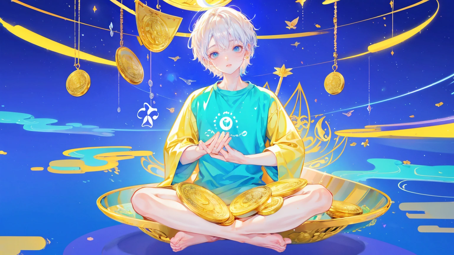 Create an illustration of the Buddha meditating in lotus position with his hands spread out, wearing blue t-shirt that says ".Compute high, sell low pro" , surrounded by colorful charts and graphs showing bitcoin's trends, floating above him is golden halo, coins flying around in background, The scene should have psychedelic colors and dreamlike elements, giving it a surrealistic feel,