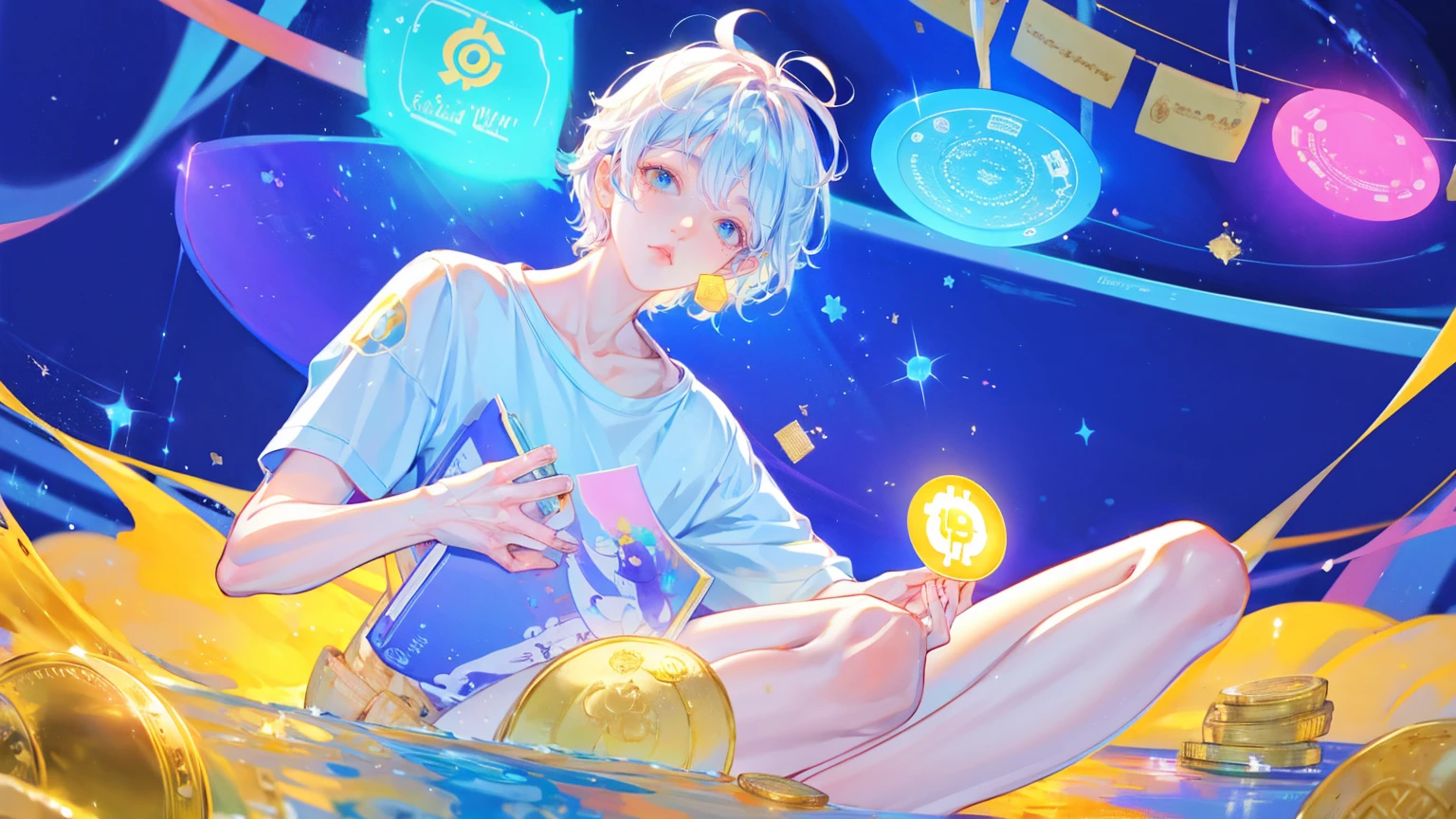 Create an illustration of the Buddha meditating in lotus position with his hands spread out, wearing blue t-shirt that says ".Compute high, sell low pro" , surrounded by colorful charts and graphs showing bitcoin's trends, floating above him is golden halo, coins flying around in background, The scene should have psychedelic colors and dreamlike elements, giving it a surrealistic feel,