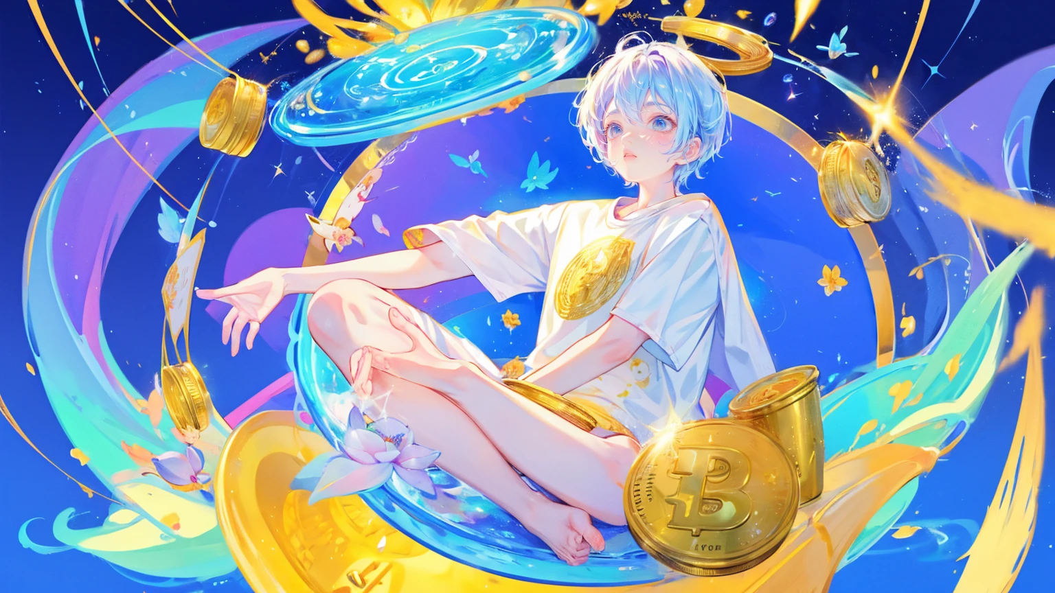 Create an illustration of the Buddha meditating in lotus position with his hands spread out, wearing blue t-shirt that says ".Compute high, sell low pro" , surrounded by colorful charts and graphs showing bitcoin's trends, floating above him is golden halo, coins flying around in background, The scene should have psychedelic colors and dreamlike elements, giving it a surrealistic feel,