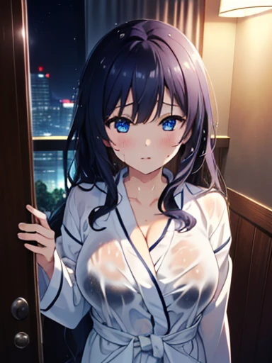 ((Highest quality, High resolution,  Pixel perfect,  4K)),  (Beautiful Anime Girls), Written boundary depth、
View your viewers, 

(Big Breasts:1.3)、 
long hair,　(Wet Hair、Sweat)、 
Navy Blue Hair、blue eyes、
 
More, 

Bathrobes、Very good、
night、Hotel、night景、(dark:1.2)、Bedroom、