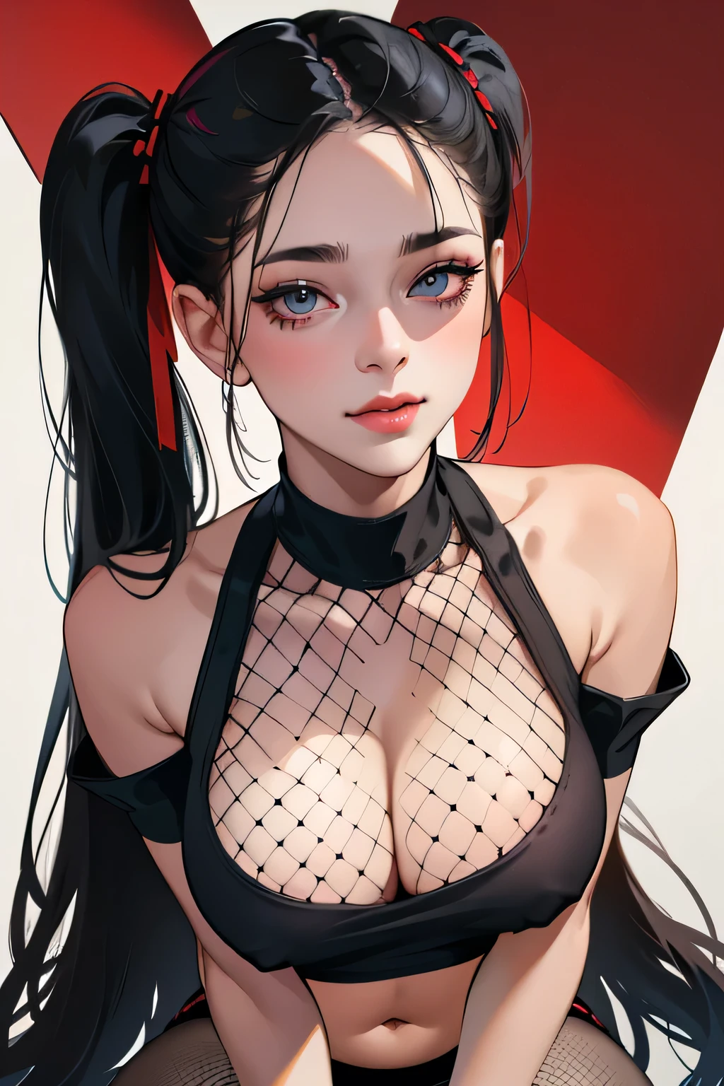Amazing portrait of a y woman with her hair tied in two pigtails with her eyes emphasised by smokey eyeliner gazing at us seductively with her perfect lips in a mischievous smile wearing a tight red crop top showcasing her medium chest and a black skirt with black fishnet leggings showing her voluptuous body