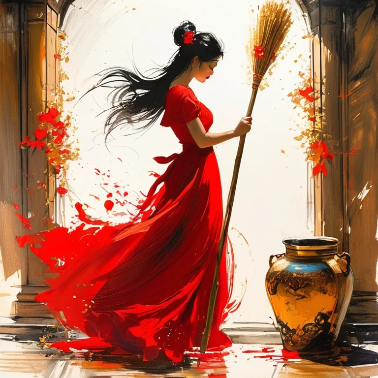 A mesmerizing red ink illustration depicts a graceful young woman, delicately sweeping with a rustic broom. The broom, adorned with a wooden handle and straw bristles, exudes a charming rustic charm. The pristine white background highlights the vibrancy of the red ink, creating a striking contrast. The illustration embodies the essence of a timeless fairy tale, capturing the beauty of simplicity and elegance within its composition..vibrant, painting, illustration, portrait photography, dark fantasy, golden patterns, golden and black spirit, DissolveSdxl0
this captivating image is the brainchild of esteemed artists Jim Mahfood, Henry Asencio, Greg Rutkowski, Craig Davison, Jenny Saville, Bernie Wrightson, and Frank Frazetta.,scenery,women,Charcoal drawing, black pencil drawing,colored crayons