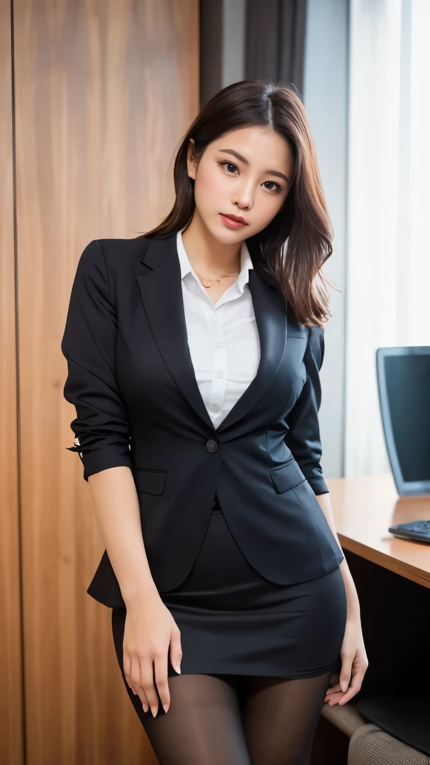 An elegant, upper-class, elite secretary in a business shirt, sit on a chair and work in an office、厳格なbusiness suitを着ている, (Wearing pantyhose)、(Short Layered Hair)、Crossing your legs, Wear high-quality high heels、 (Knee socks and skirt), Girl in a shirt, business suitを着用する, business suitを着用する, business suitを着て, Businesswoman, Business attire, 黒のbusiness suitを着ている, Wear a shirt and skirt, business suitを着た女性, business suit, business attire, RAW Photos, (8k、Highest quality、masterpiece:1.2)、(Intricate details:1.4)、(Photorealistic:1.4)、Octane Rendering、Complex 3D rendering with ultra-detail, Studio Soft Light, Rim Light, Vivid details, Super Detail, Realistic skin texture, Detailed aspect, Beautiful details in the eyes, Highly detailed CG Unity 16k wallpaper, compensate, (Detailed Background:1.2), Exposed thighs!!!,