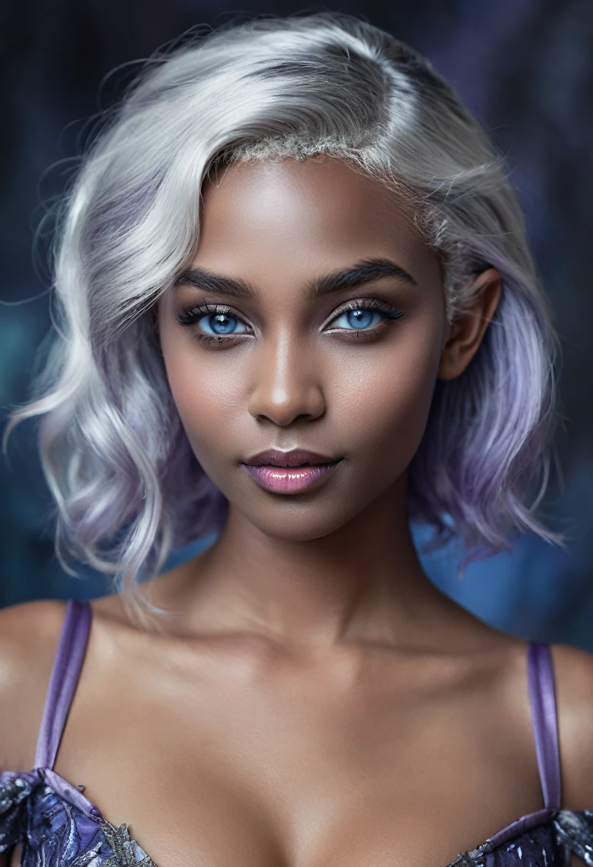 Portrait of a dark elf drow beautiful teenager, Sydney Cole, intricate dress, soft smile, huge natural lips, short silver white hair, blue-grey eyes, lavender colored skin, cleavage, realism, digital painting, concept art, smooth, sharp focus, rule of thirds, Style-Psycho