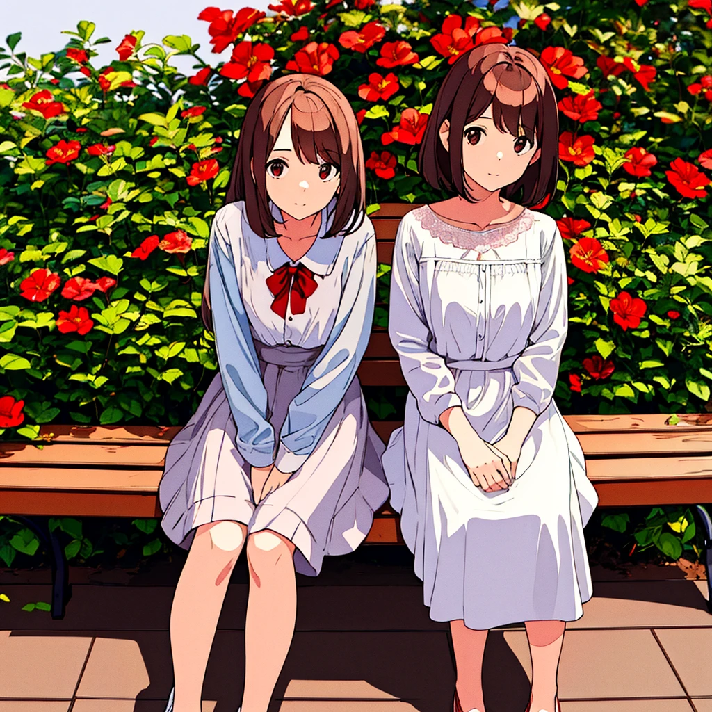 Summer, girl sitting on bench, red flowers, white clothes, brown hair, short, light gray background