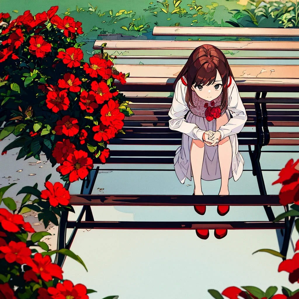 Summer, girl sitting on bench, red flowers, white clothes, brown hair, short, light gray background