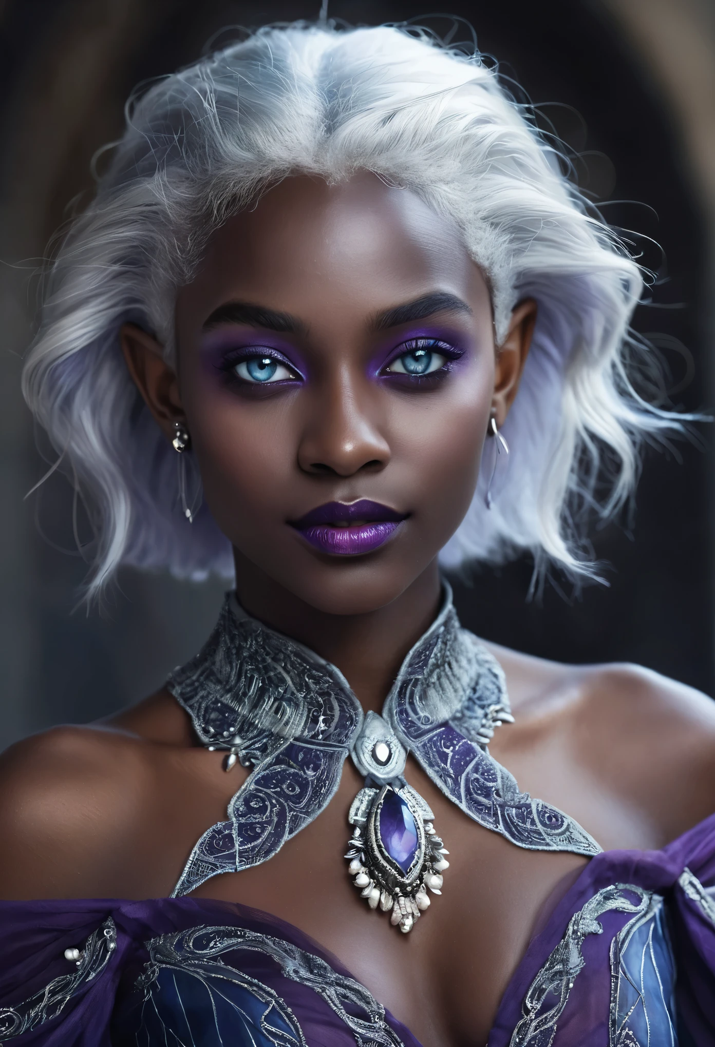 Portrait of a dark elf drow beautiful teenager, Sydney Cole, intricate dress, soft smile, huge natural lips, short silver white hair, blue-grey eyes, dark purple skin, realism, digital painting, concept art, smooth, sharp focus, rule of thirds, Style-Psycho