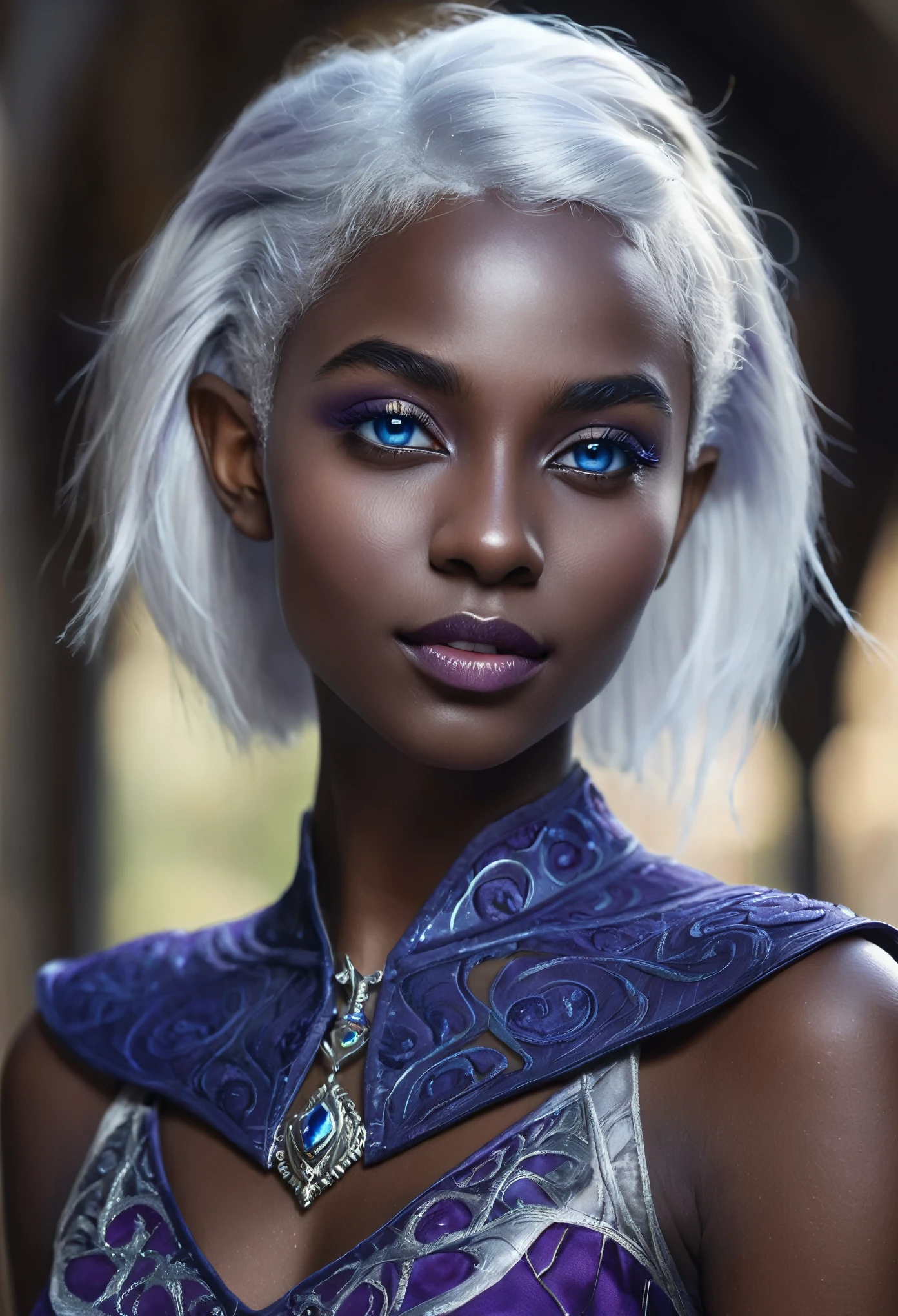 Portrait of a dark elf drow beautiful teenager, Sydney Cole, intricate dress, soft smile, huge natural lips, short silver white hair, blue-grey eyes, dark purple skin, realism, digital painting, concept art, smooth, sharp focus, rule of thirds, Style-Psycho