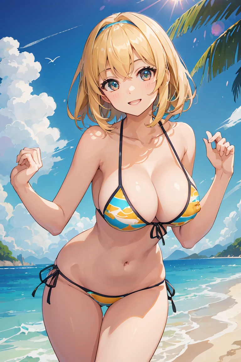 (Browsing Caution)、Beautiful young woman,Perfect body and beautiful big eyes, Perfect slim and thick body, Short wavy hair, hair band, Subtle printed micro bikini, Fun at the beach, Tropical Island, Happy, Smiling Kindly, Open, that'Do it perfectly, Mute Tone, Atmosphere, Clean Lines, Complex, Very detailed, Realistic, 8k、Nipples、