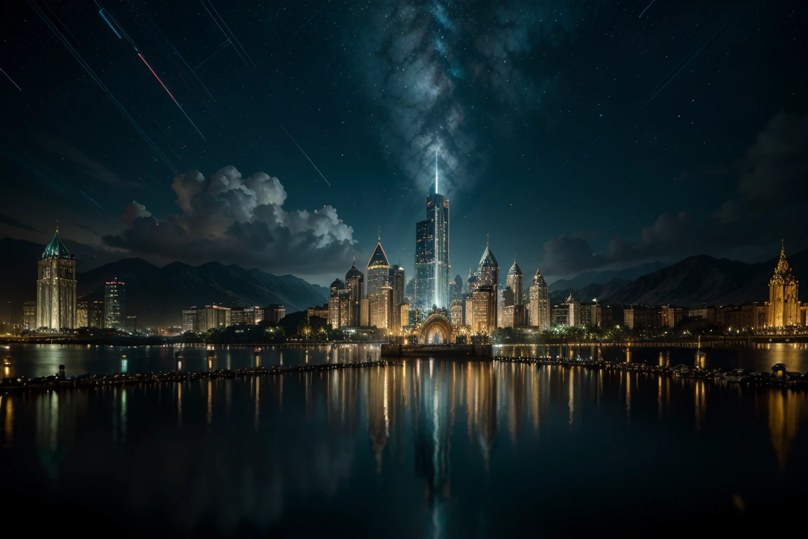 (Highest quality, Ultra HD, 16k, Masterpiece) A breathtaking fantasy kingdom nestled amidst floating mountains reminiscent of Pandora from Avatar, illuminated by the glow of a magical night. The city is adorned with vibrant, bioluminescent flora, their radiant hues casting an ethereal light over the entire landscape. Towering trees and flowering plants are woven throughout the city, with colorful petals and blooms gently drifting down, adding a sense of enchantment.

The cityscape features grand, intricate architecture with multiple huge statues standing proudly in the middle of the city. These statues are intricately detailed, depicting legendary heroes and mythical creatures, and are surrounded by lush gardens and sparkling fountains. The entire scene is bathed in a soft, mystical light, creating a dreamlike atmosphere.

Neon lights are spread throughout the city, highlighting the beauty of the structures and pathways. The buildings and streets glow with bioluminescent light, creating a dazzling display of colors that reflect off the floating mountains and water bodies, enhancing the magical ambiance.

The floating mountains hover majestically above the city, connected by delicate bridges and pathways illuminated by glowing vines and lanterns. The night sky is filled with twinkling stars and the gentle glow of distant planets, adding to the otherworldly feel of the scene.

The overall atmosphere is cinematic and awe-inspiring, capturing the essence of a fantastical realm where nature and architecture coexist in perfect harmony. The photo is in HDR, hyperrealistic baroque style, extremely realistic, and photorealistic, showcasing a moment of serene beauty and wonder in a luminous, magical kingdom. (((skyscrapers))), (((god statues))), (((skyscrapers high rise buildings))), (((god statues))), (((huge statues))), (((skyscrapers))), (((modern buildings)))