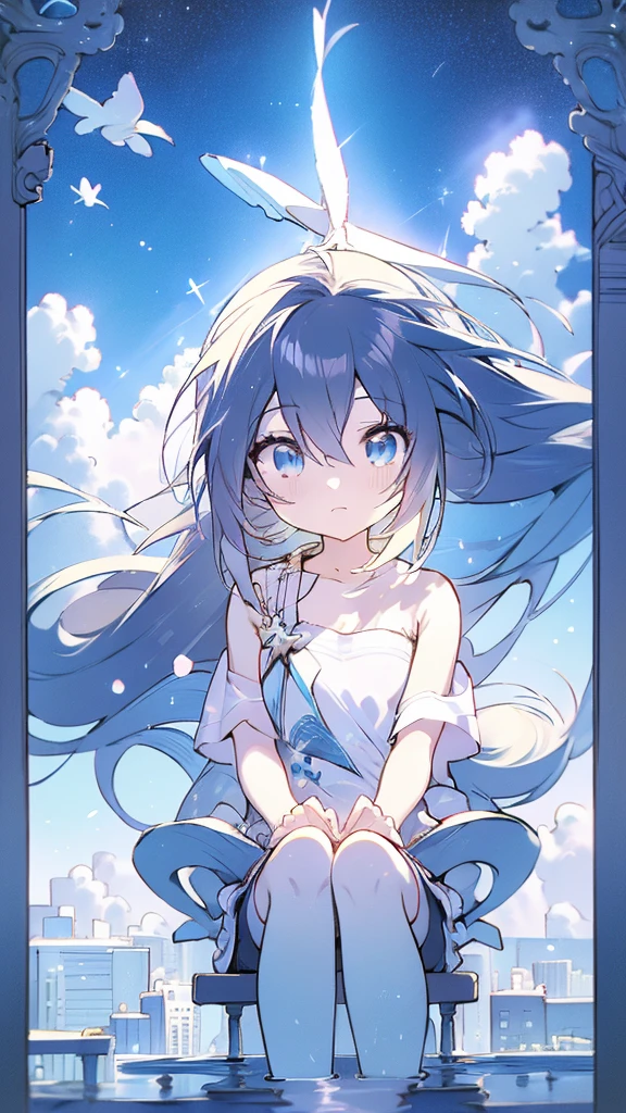 Seven-doppelganger shot,Anime style 4K,High quality anime art style,Standing painting,Splash ink background,Blue Themes、Pure white background,Buildings,Face close-up,Buildings,Moon and sun、Shining Star々,milky way,Bright Sky,Looking at me,Facing forward,Clear eyes and nose,cute,beautiful,Thin legs,sitting by the water, black hair, Blue eyes, girl, bob, front, cute,Blue Background,Long Hair,Whale flying in the blue sky,Buildings,whale,Black Hair,ベリーショート,パーマ,ソバージュ,弓を持つ