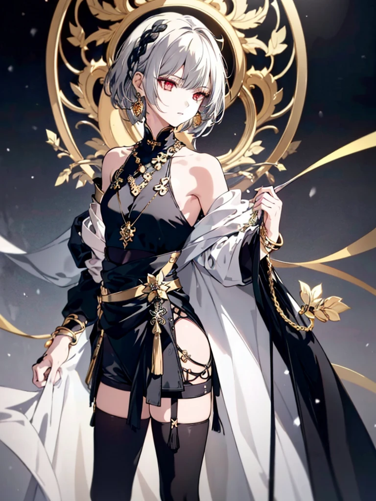 8k,High resolution RAW color art,Anime Art,Silver Marble Skin, (((Very detailed and cool))), Detailed skin, Bokeh、texture,(Exquisitely crafted, The finer details, Ultra-detailed art), (((1 girl))), Depth of written boundary, Silky Touch, Hyper Detail, (((Cool face))), eye shadow, Beautiful detailed red eyes, Beautiful lip detail, Highly detailed face, Delicate depiction of hair and eyes, Detailed Fashion, Golden Earrings,Full body depiction, Black half top、(((Shoulder Bare)))、Black shorts、Waist Cloak、Black thigh-high tights、Golden decoration, Light gray hair, Golden bracelet, Straight Hair、Short Hair、(((Hair)))、Black theme、snow、Side view、look down、cloth、Clear face、bed