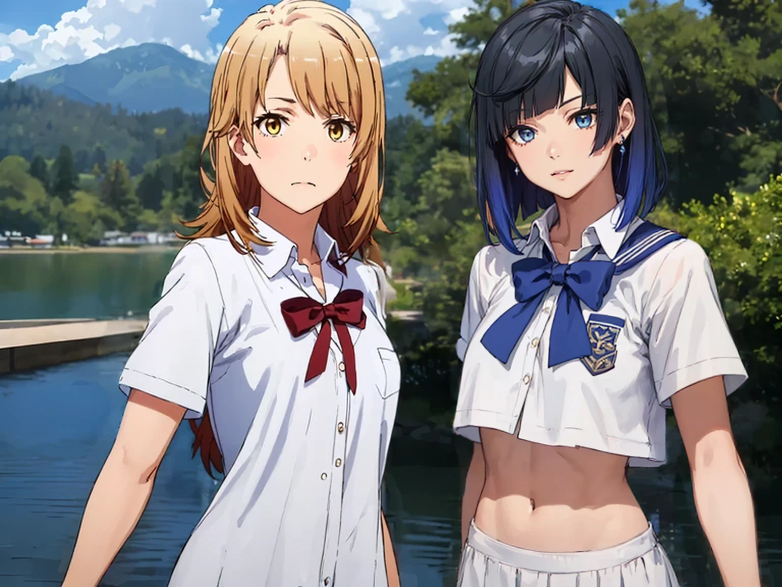 crop top, (gradient hair), black hair, blue hair, short hair, blue eyes, yelendef 
BREAK (red_bow,white_shirt,shimokitazawa_high_school_uniform:1.2), 
BREAK fishnet, big breasts, mountain, lake, arm behind head, blue sky,
BREAK ((top quality, 8k, masterpiece: 1.3, ultra hd, high quality, best quality, high definition, realism)), sharp focus: 1.5, Beautiful woman with Slim body, (perfect hands, perfect anatomy),