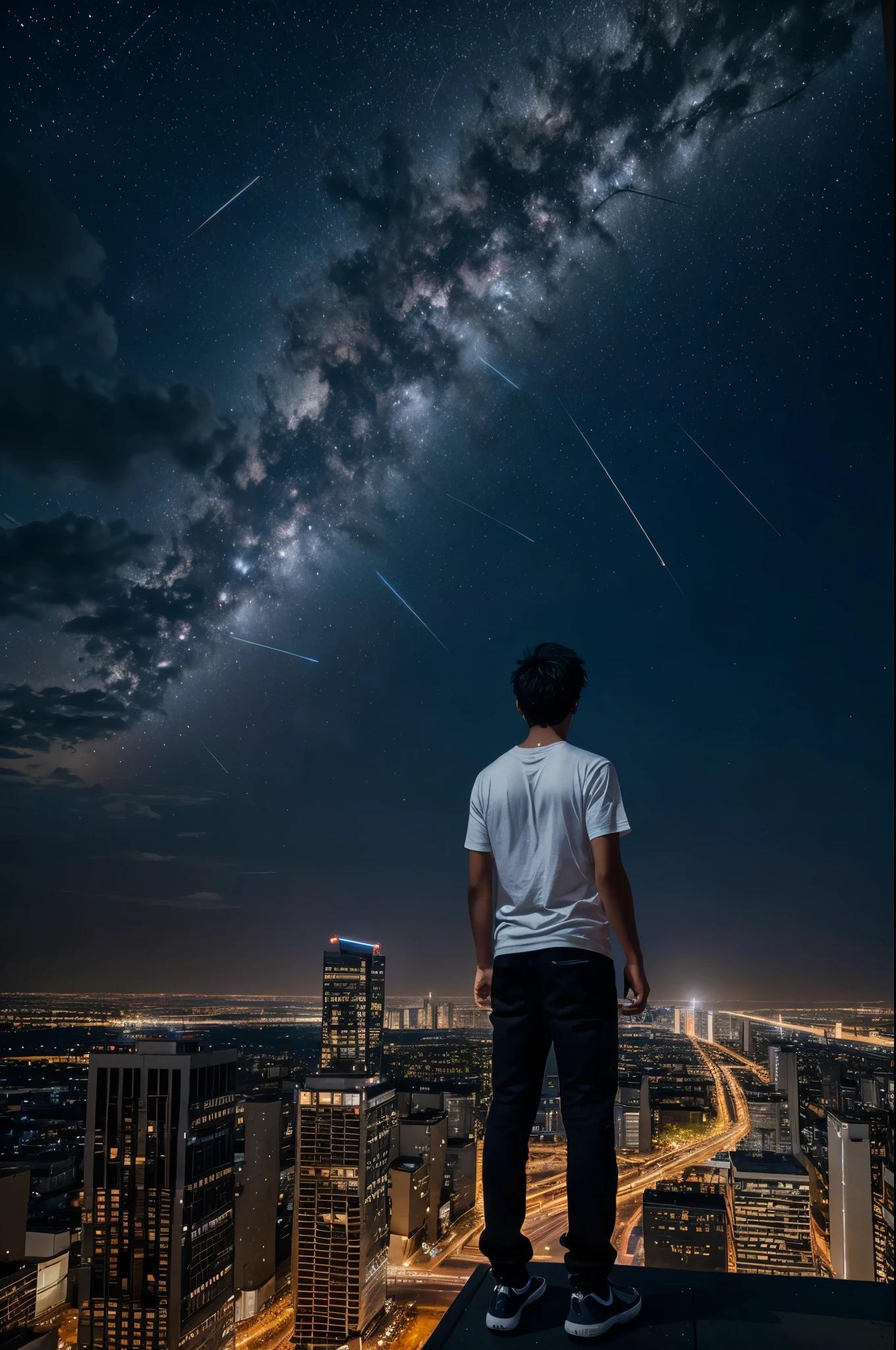 As the city sleeps below, a lone figure stands atop a towering building, mesmerized by the celestial spectacle unfolding above. The night sky is ablaze with the brilliance of a meteor shower, streaks of light painting fleeting masterpieces against the vast canvas of darkness. Describe the scene from the perspective of the boy on the rooftop. What thoughts and emotions stir within him as he witnesses this breathtaking display? How does the beauty of the meteor shower contrast with the urban landscape below? Explore the juxtaposition of the tranquility of the cosmos and the bustling energy of the city the boy is wearing white tshirt and black casual pants shown in as anime character