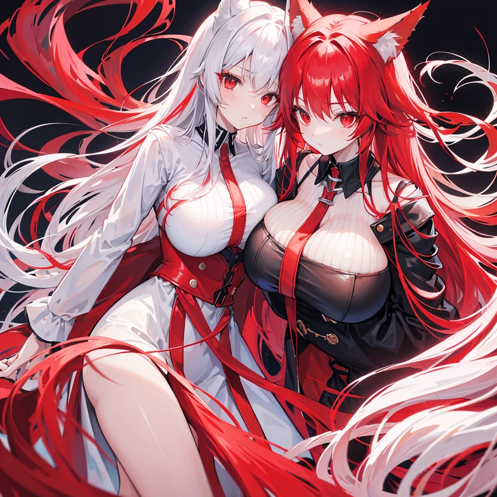 Red hair, red eyes, long hair, red fox ears, red fox tail, ZZZ_CUP(HUGE_CHEST), Girl with long silver hair, white fox ears, and red eyes