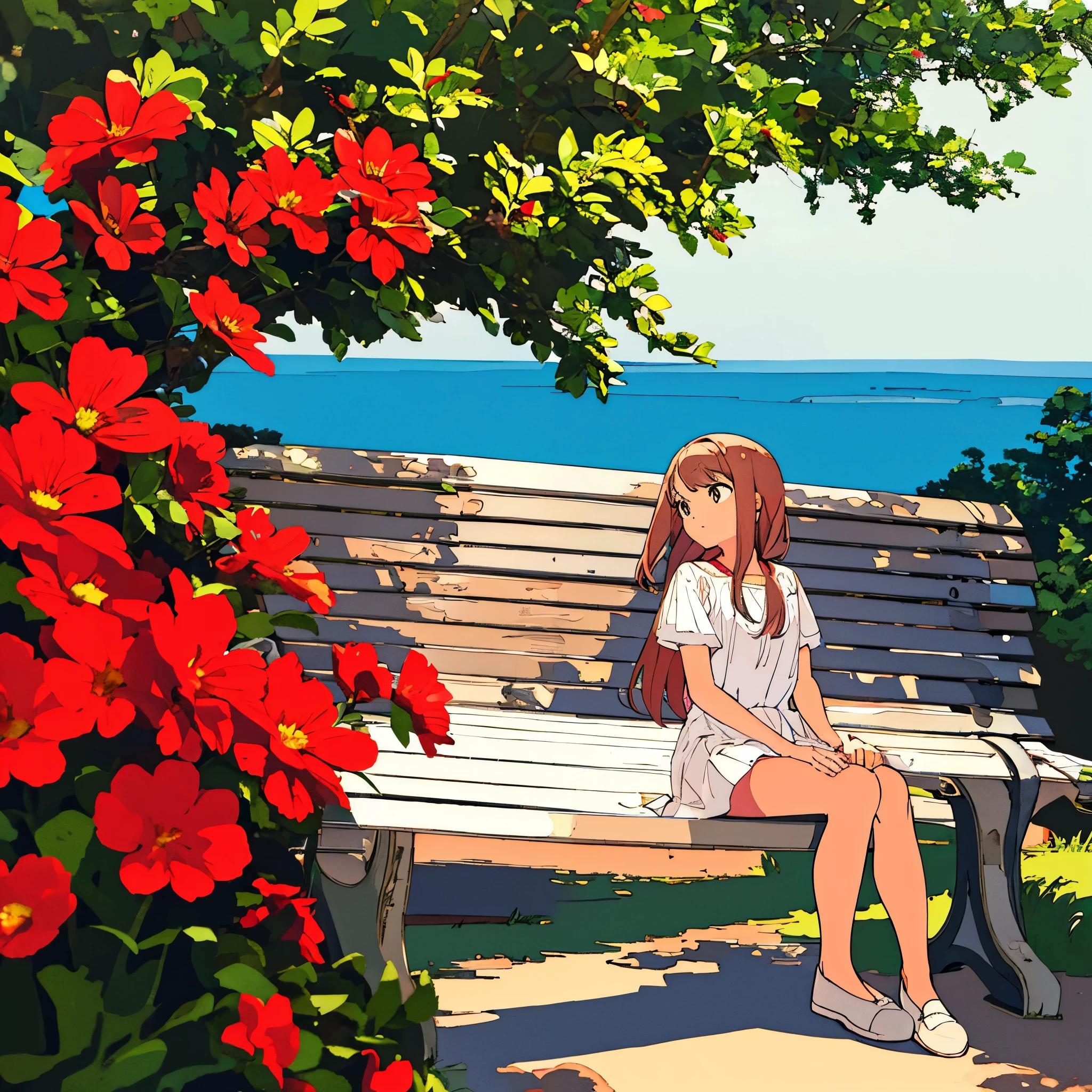 Summer, girl sitting on bench, red flowers, white clothes, brown hair, short, light gray background