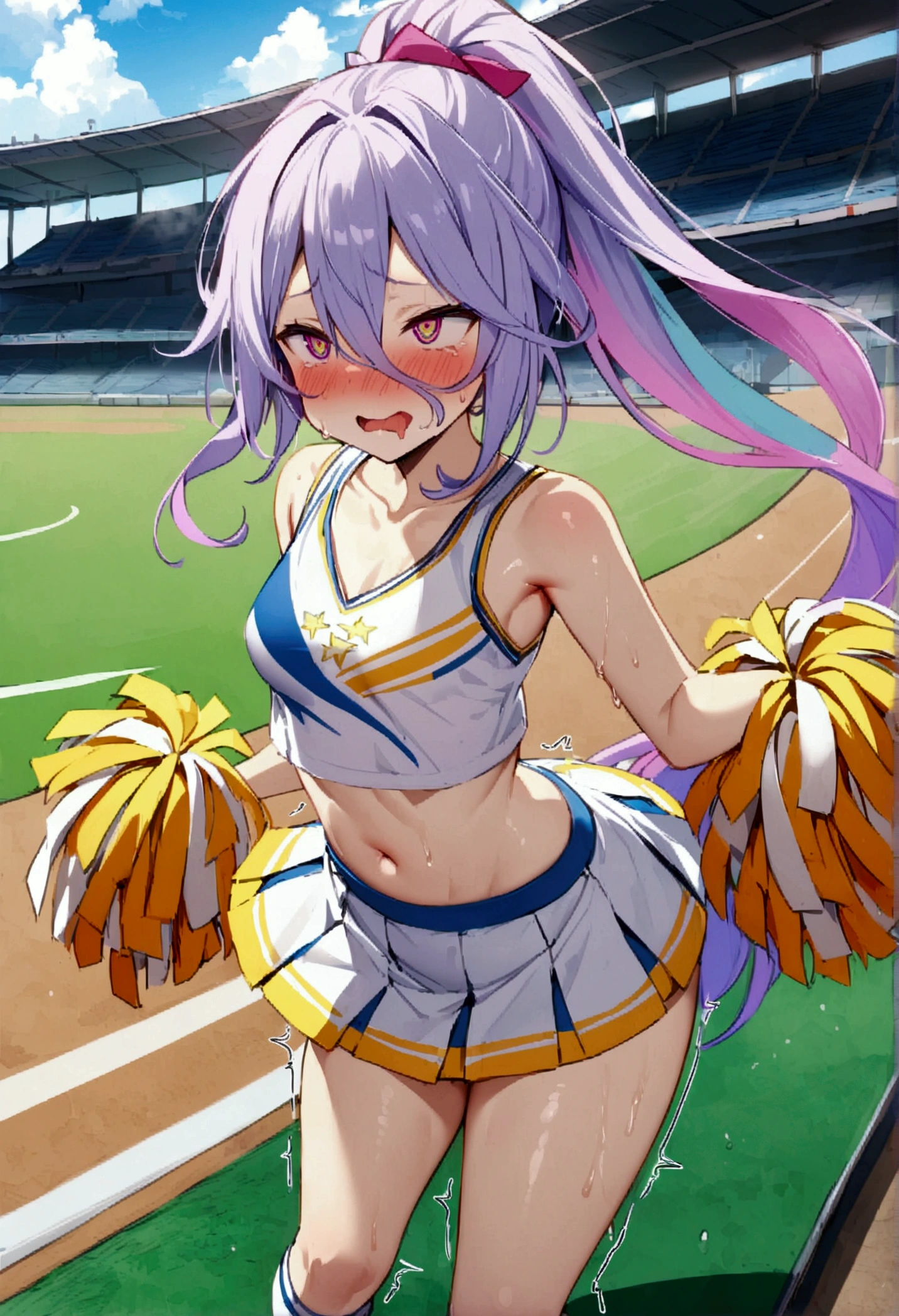 NSFW,masterpiece,Highest quality,High resolution,Very detailed,white\(no game No life\),Small breasts,ponytail,(Cheerleader),mesh,Tank top,Crop top,mini skirt,Knee-high socks,sports boots,baseball Ground,Audience seats,Frustrated face,blush,Sweat,sexual excitement,(Ecstasy face),(Squirting),(orgasm),Trembling,Are standing