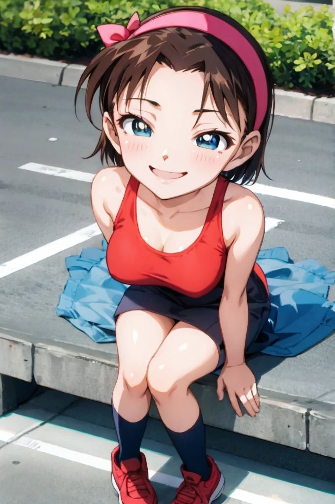 ayumiyoshida, , blue eyes, short hair, brown hair, bangs, hairband, short dress, smile, sitting on ground ,open legs,spread legs,socks,panties,outdoor