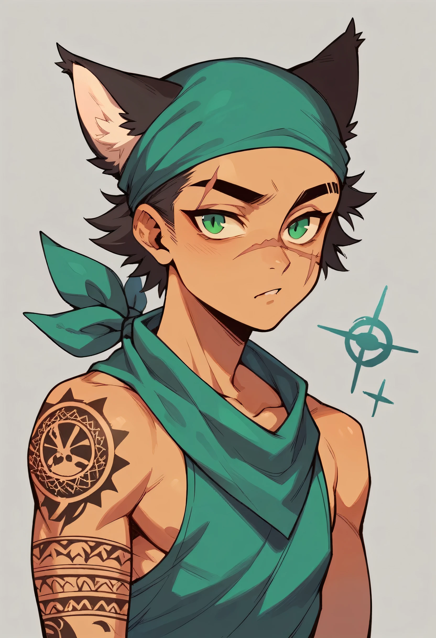 feline humanoid, Green left eye, right eye with scar, bandana, sun tattoo on left forehead, lines tattoo, symbols and birds