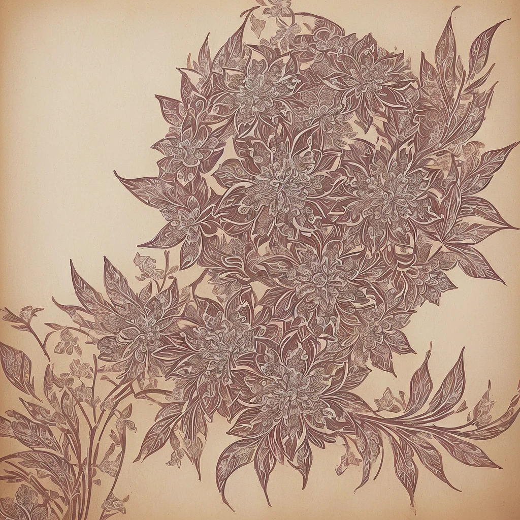 there is a drawing of a flower with leaves on it, flower motif, ornate flower design, inspired by Katsushika Ōi, delicate garden on paper, inspired by Pierre-Joseph Redouté, floral ornaments, elaborate floral ornament, fantasy flowers and leaves, flowers and foliage, boho floral vines, intricate flower designs, floral pattern, persian folkore illustration