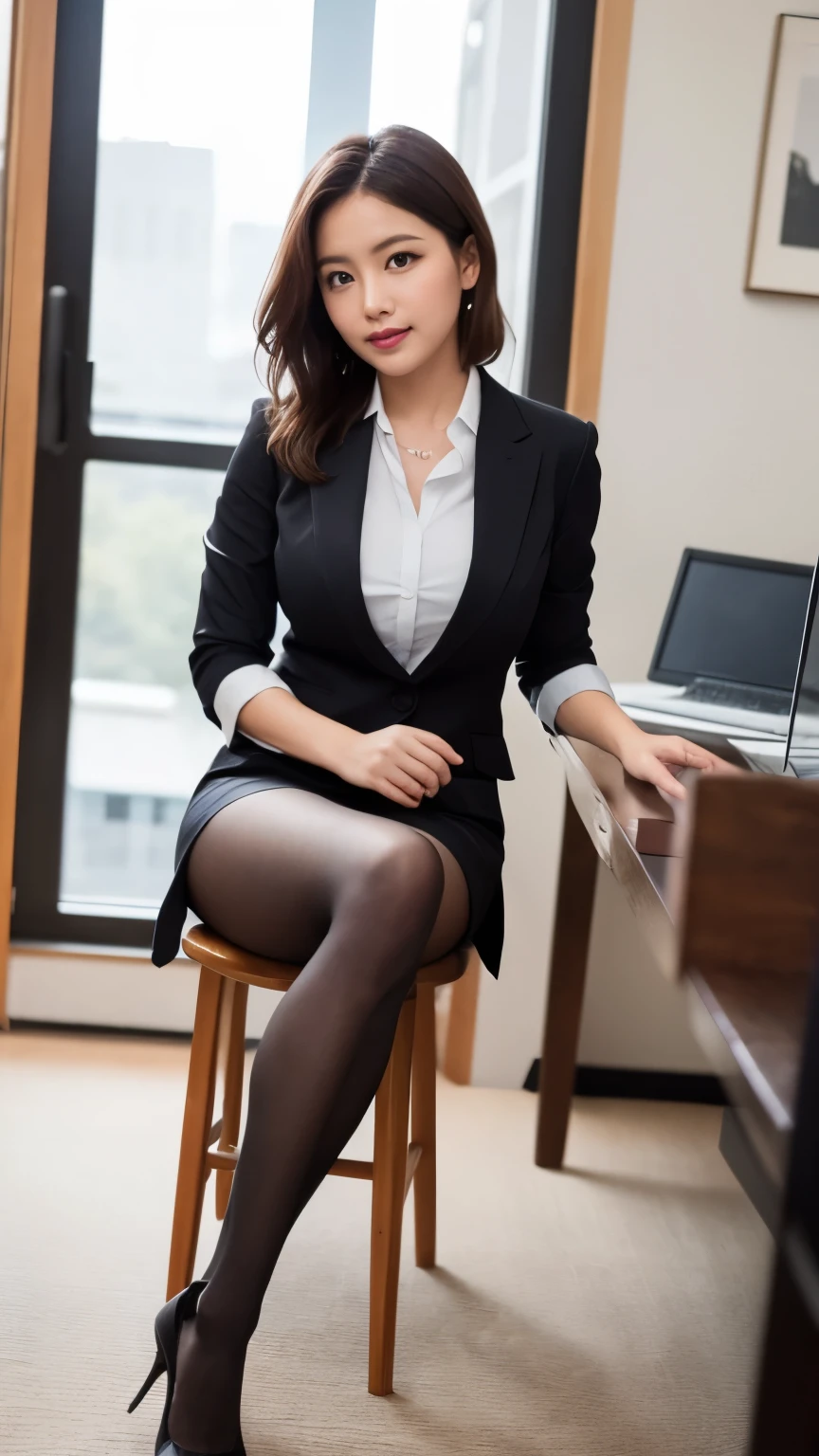 An elegant, upper-class, elite secretary in a business shirt, sit on a chair and work in an office、厳格なbusiness suitを着ている, (Wearing pantyhose)、(Short Layered Hair)、Crossing your legs, Wear high-quality high heels、 (Knee socks and skirt), Girl in a shirt, business suitを着用する, business suitを着用する, business suitを着て, Businesswoman, Business attire, 黒のbusiness suitを着ている, Wear a shirt and skirt, business suitを着た女性, business suit, business attire, RAW Photos, (8k、Highest quality、masterpiece:1.2)、(Intricate details:1.4)、(Photorealistic:1.4)、Octane Rendering、Complex 3D rendering with ultra-detail, Studio Soft Light, Rim Light, Vivid details, Super Detail, Realistic skin texture, Detailed aspect, Beautiful details in the eyes, Highly detailed CG Unity 16k wallpaper, compensate, (Detailed Background:1.2), Exposed thighs!!!,