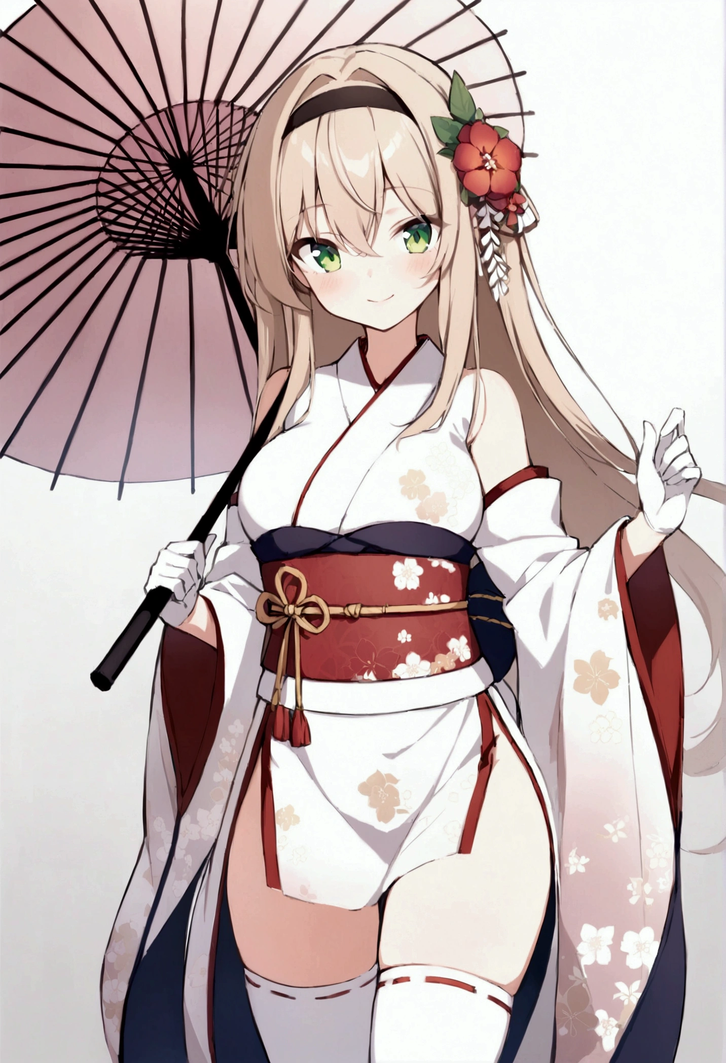 slender, mature female, 1girl, light brown_hair, umbrella, long_hair, solo, wide_sleeves, smile, japanese_clothes, hair_ornament, kimono, obi, holding, holding_umbrella, hair_flower, long_sleeves, sash, breasts, closed_mouth, flower, looking_at_viewer, alternate_costume, bangs, detached_sleeves, eyebrows_visible_through_hair, blush, bare_shoulders, hair_between_eyes, hairband, floral_print, green_eyes, gloves, standing, black_hairband, white_kimono, ribbon, thighhighs,very_long_hair, eyebrows, bow, hair_ribbon, white_legwear, skirt, hair_intakes, oriental_umbrella, medium_breasts,