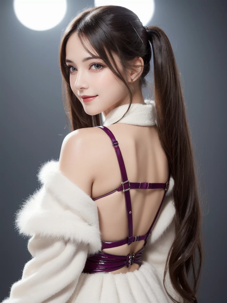 A stunning portrait of Anna Dittman-like beauty, dressed in a fitted red and white dress with fur trim, wide sleeves, and gloves, set against a darker bokeh background. Her long ash-brown hair cascades down her back as she gazes directly at the viewer with a captivating smile (1, 4). Her realistic violet eyes sparkle with intrigue. The focus is sharp, highlighting the intricate details of her outfit, from the delicate patterns to the subtle texture of the fur trim. A stunning example of hyper-detailed close-up photography.bondage,bdsm harness, red harness (masterpiece,best quality),(extremely detailed),(bright studio lighting),(sharp focus),picture perfect face,(perfect eyes),(beautiful face,sexy,erotic,beautiful detailed eyes,pubic hair,twintail latex beautiful photo, drips cum from pussy,