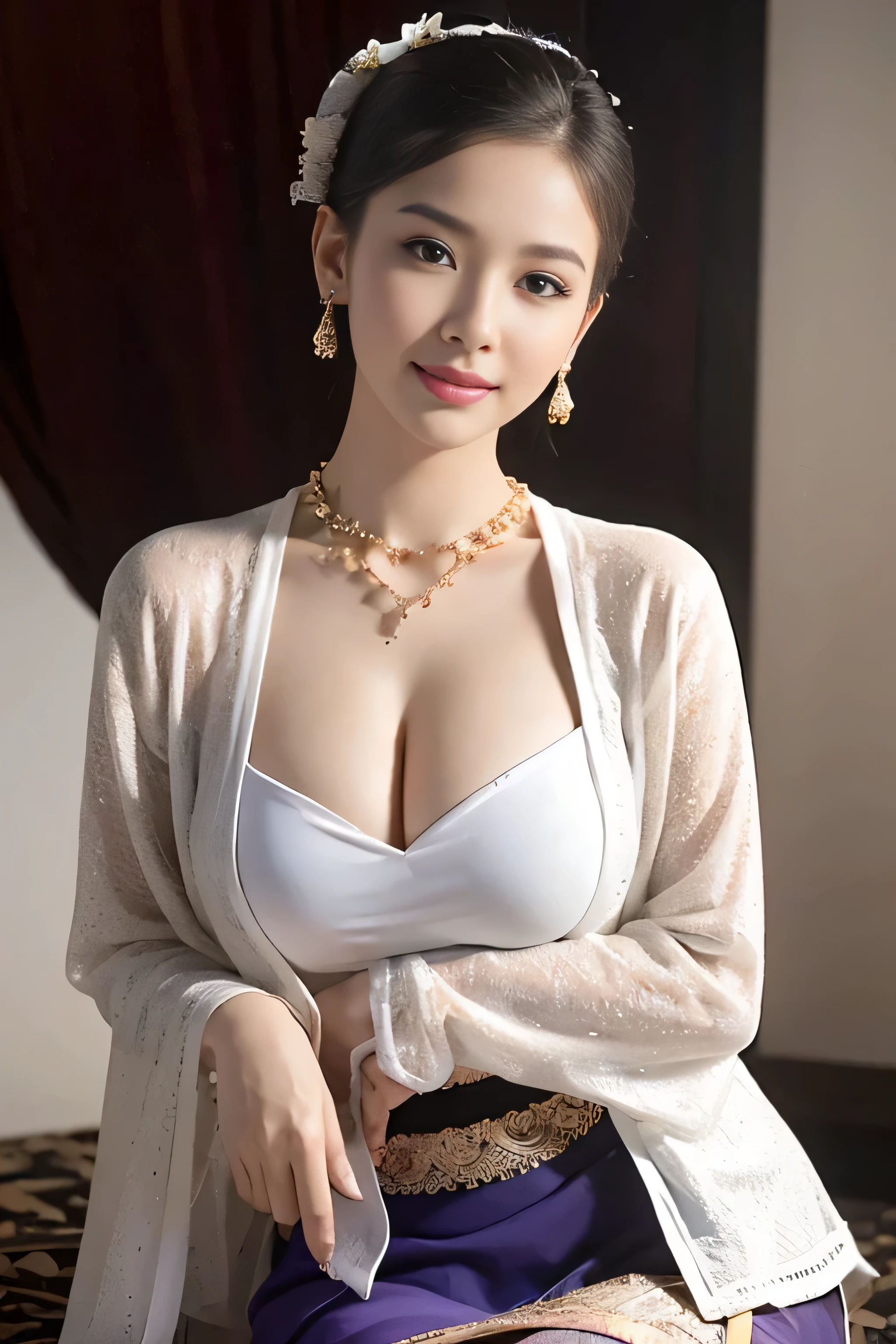 (Realistic:1.3), Very detailed, quality, (masterpiece:1.2), (photoRealistic:1.2), (best quality), (Detailed skin:1.3), (Intricate details), Ray Tracing, ((whole body)), ((1 Female)), (((1 person))), Age 25, short hair, smile, Purple Dress, Patterned skirt, Contrast of dress and skirt colors, Skirt pattern, Earrings, necklace, Javanese ornaments, (Blurred Background), Look into the camera, Cleavage, Mid-chest
