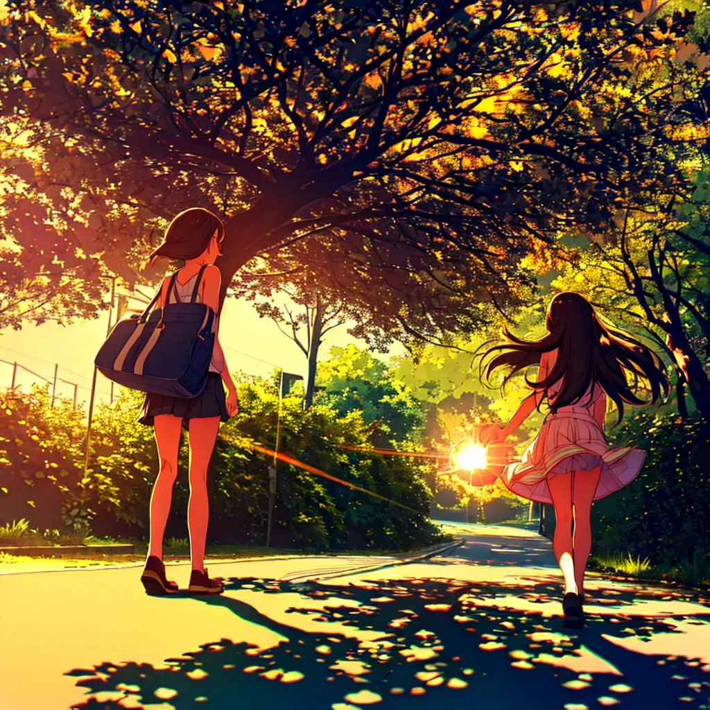 Summer sunlight filtering through the trees, a girl walking down the street