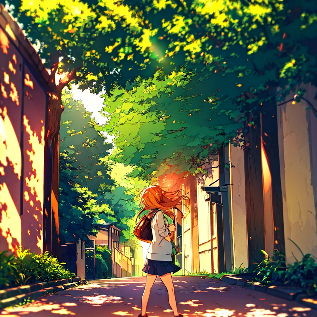 Summer sunlight filtering through the trees, a girl walking down the street