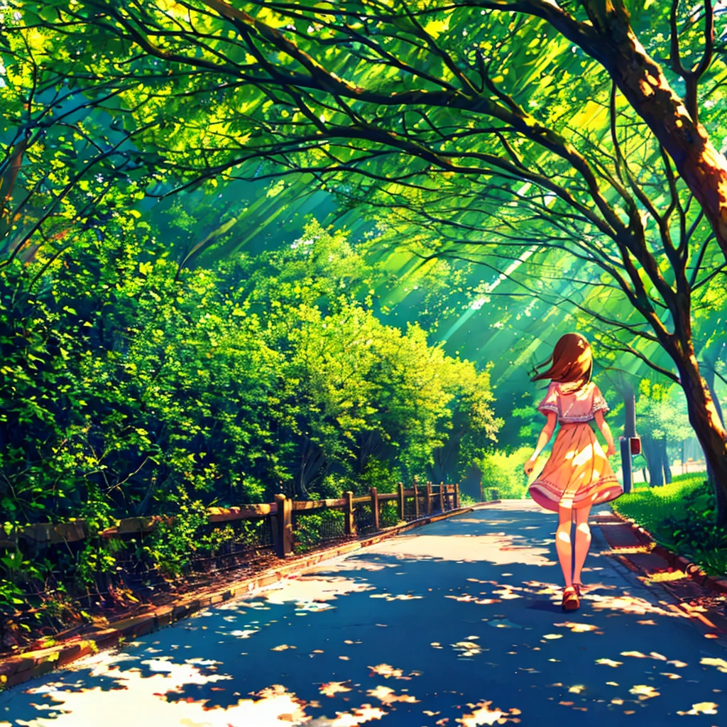 Summer sunlight filtering through the trees, a girl walking down the street