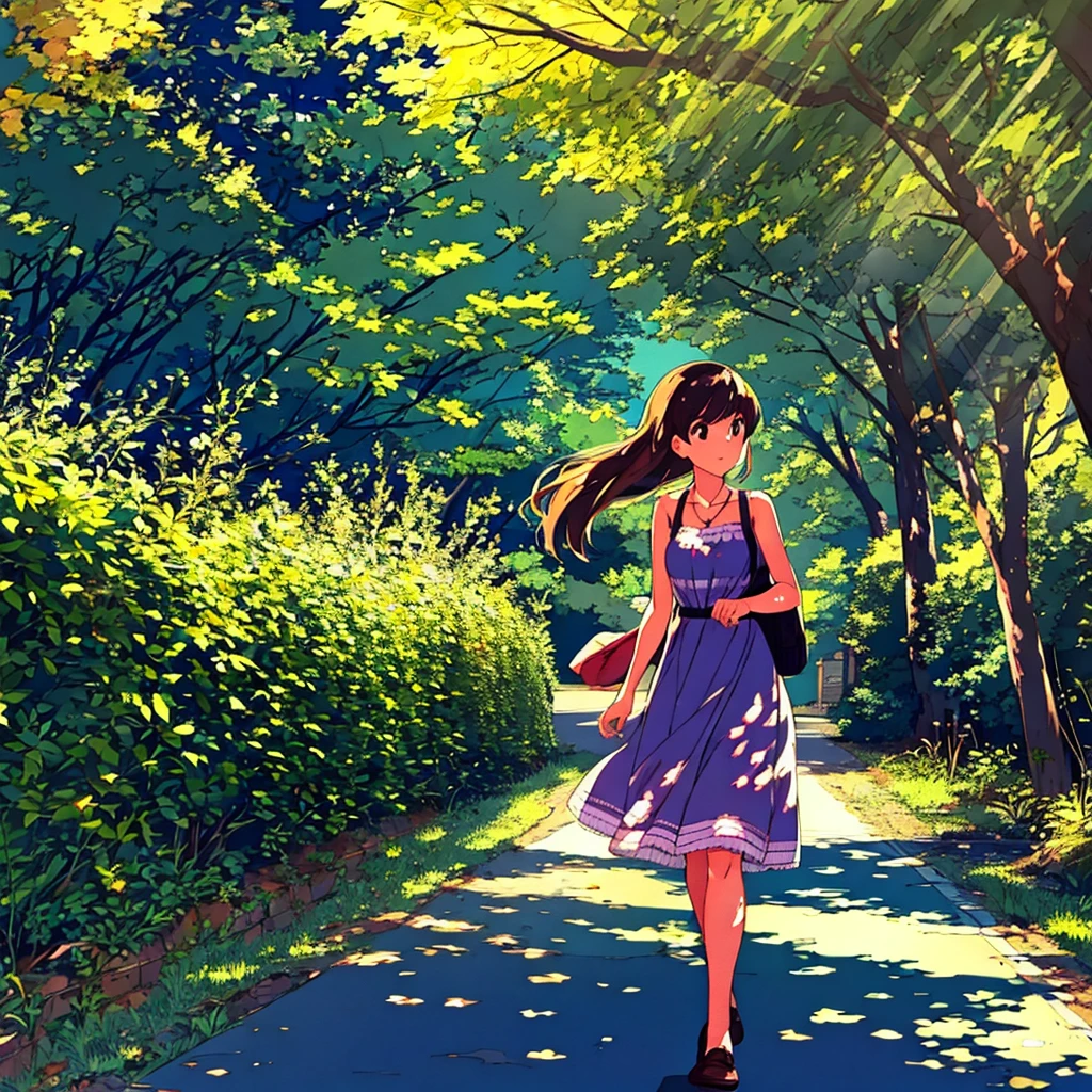 Summer sunlight filtering through the trees, a girl walking down the street