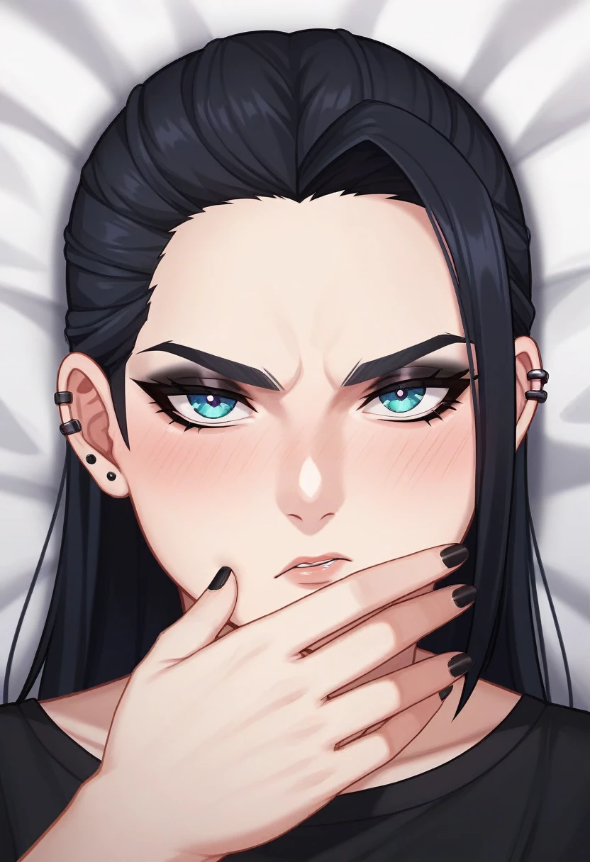 Adult, Female, black hair, annoyed, digruntled, goth girl, gothic, goth, goth bedroom, Masterpiece, Accurate, Anatomically Correct, Best Quality, High Details, Detail, Super Detailed, Best detail, Perfect detail, Amazing detail, [-3, 3], perfect hands, best hands, best fingers, perfect fingers, perfect body, best body, amazing body, Looking at viewer, front facing, upper body shot, Close-Up, 