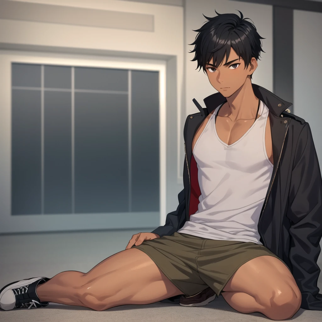 Masterpiece, best quality, focus man, 1 young man, focus man , No smile, human, Alpha , short hair, black hair, light black eyes , tan skin, Wear a tank top inside., wearing a military coat, canvas shoes, Spread your legs, on the floor, look away,The best aesthetics , best quality, Amazing quality, The best aesthetics